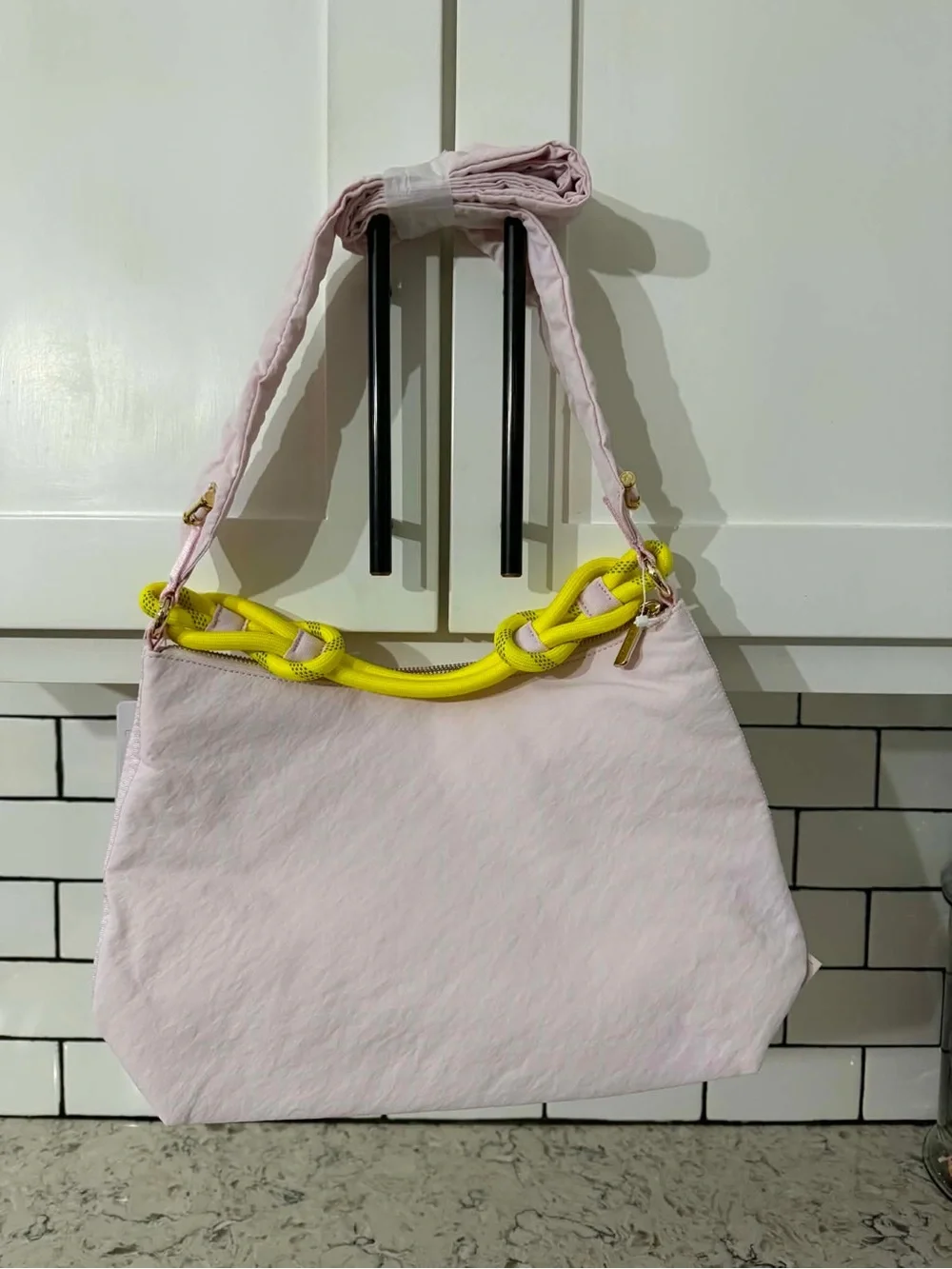 lululemon athletica Light Pink Shoulder Bag with Neon Yellow Accents